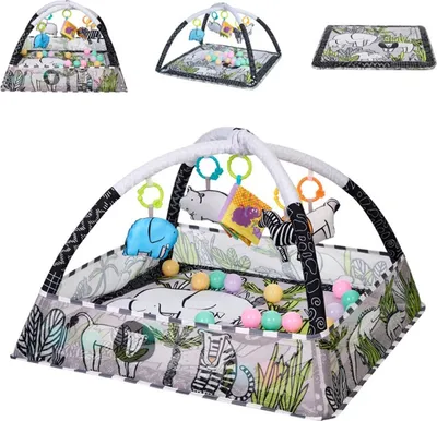 Immagine prodotto di Arco di gioco Kikkaboo, coperta per gattonare 2 in 1, giocattoli da afferrare, 18 palline, piscina di palline grigia