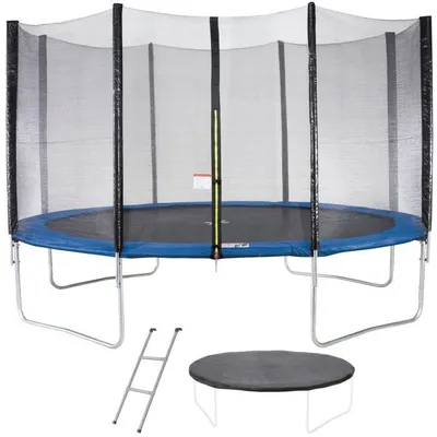 Image de KANGUI, trampoline rond, diamètre 426–430 cm, couleur bleu, avec filet de sécurité, échelle, protection de sol et kit d'ancrage