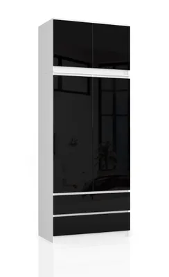 Produktbild von Kleiderschrank – Schrank mit Kleiderstange – Weiß / Schwarz Hochglanz – 90 cm – Erweiterbarer Drehtürenschrank mit Aufsatz und 2 Schubladen