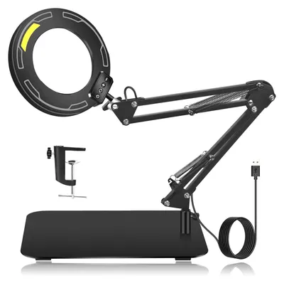 Produktbild von 10-fache Lupe mit Licht und Ständer – 5 Farbmodi, stetig dimmbare LED-Beleuchtung, freihändige Lampe mit flexibler Gänsehals-Design für Handarbeit & Hobby