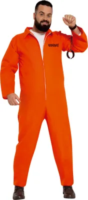 A man wearing an orange prisoner costume and holding handcuffs.