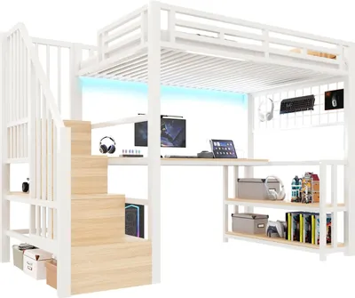 Produktbild von Hochbett mit RGB LED-Streifen, Schreibtisch, Treppe, Regal, Wandgitter, USB, Type-C, 90x200cm, Kinderbett, Metallbett