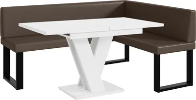 Produktbild von MEBLINI Eckbank für Esszimmer mit ausziehbarem Tisch  - Küchenbank - Essecke - Sitzecke Küche - ERIC - U-Beine 128x168x87cm Rechts - Braun Kunstleder/M Weiß Matt