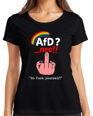 Produktbild von AfD? ...nee!! Regenbogen Mittelfinger Gegen Statement Sarkasmus Damen T-Shirt, Schwarz, L