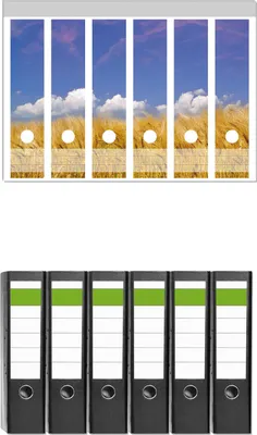 Produktbild von Wallario 6 Stück breite Ordner inkl. Klebeetiketten mit Motive Kornfeld unter blauem Himmel -  Set mit Rückenschildern / Ordnerrücken Stickern