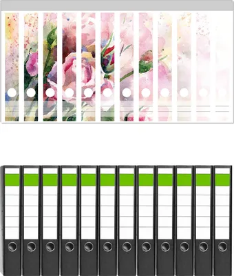 Produktbild von Wallario 12 Stück schmale Ordner inkl. Klebeetiketten mit Motive Abstraktes Blumenbuket -  Set mit Rückenschildern / Ordnerrücken Stickern
