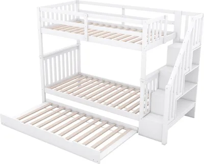 Produktbild von Etagenbett(90*200cm)Treppenregal,ausgestattet mit ausziehbares Rollbett, hohe Geländer, EN747-1