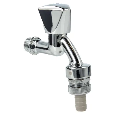 A close-up studio shot of a chrome faucet with a hose adapter.