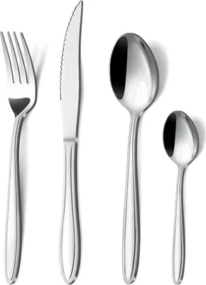 A set of cutlery, including a fork, knife, and two spoons, is displayed against a white background.
