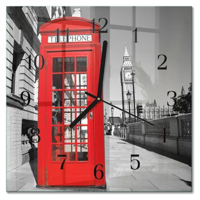 Produktbild von Tulup Glasuhr Wanduhr Küchenuhr Echt-Glas 30x30 cm Modern Dekorativ Geräuschlos Schwarzen Zeigern - Rote Telefonzelle