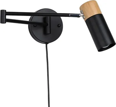 Produktbild von Moderne Wandleuchte mit Schwenkarm und Steckkabel aus Holz und weißem Aluminium.