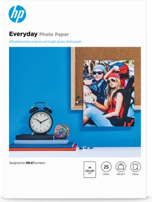 A product shot of HP Everyday Photo Paper with a lifestyle scene in the background.