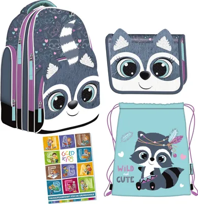 Produktbild von Schulranzen für Jungen und Mädchen, 4er-Set - Schul-Rucksack für Kinder mit Federmäppchen - Schuhbeutel und Hausaufgabenheft - Waschbär Motiv