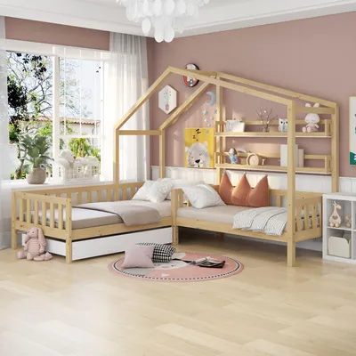 Produktbild von L-Baumhausbett aus Massivholz mit Schubladen und Regalen – Sicheres, platzsparendes Kinderbett mit Stauraum. 90x200cm + 140x70cm, Natur