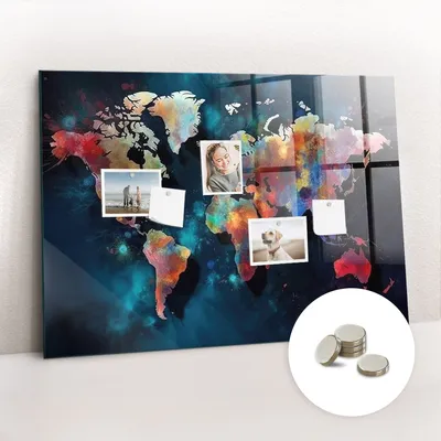 Produktbild von Magnetische Wandtafel aus Glas – Memotafel mit gebogener Vorderseite – Enthält 5 Magnete – 100x70 cm – Abstrakte Weltkarte