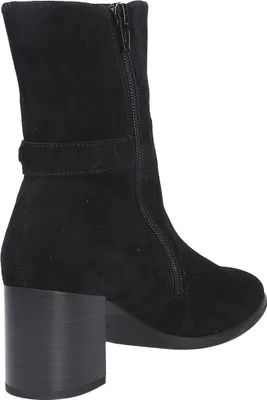 A black suede boot with a block heel, shown from the side against a white background.