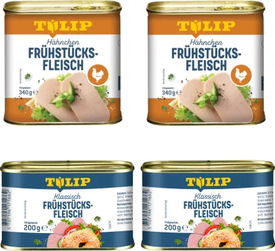 Produktbild von TULIP Bundle 2x Frühstücksfleisch 200g 2x Hähnchen 340g Konserve Delikatesse