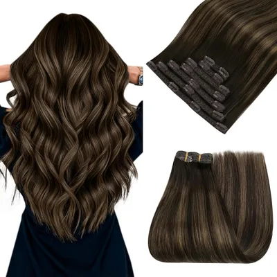 Immagine prodotto di Estensioni per capelli in vera fibra, tecnica balayage, colore marrone con sfumature ombre, dal marrone scuro al grigio, peso 120g, confezione da 7 pezzi, lunghezza 40 cm