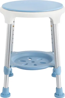 A light blue and white adjustable shower stool with silver legs and blue rubber feet, shown against a white background.