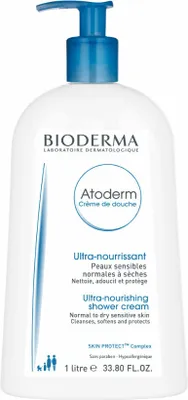 A white pump bottle of Bioderma Atoderm shower cream against a white background.