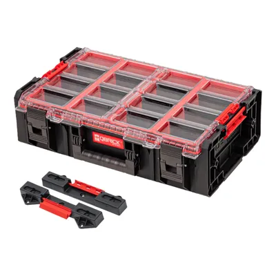 A black and red organizer box with multiple compartments and a clear lid, shown with two red and black adapters in front of it.