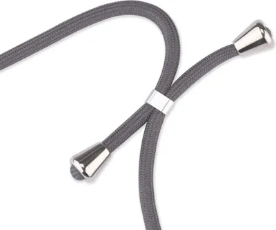 A close-up shot of a gray phone lanyard with silver metal accents against a white background.