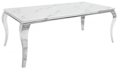 Obrázok produktu pre Casa Padrino dizajnový jedálenský stôl biely / sivý / strieborný 180 x 95 x v. 75 cm - Obdĺžnikový kuchynský stôl z nehrdzavejúcej ocele s digitálne potlačeným bezpečnostným sklom v mramorovom vzhľade - Moderný barokový nábytok