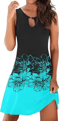 Produktbild von ASKSA Damen Sommerkleid Knielang Ärmellos Kleider Strandkleider Minikleid Freizeitkleid, Blau, XXL