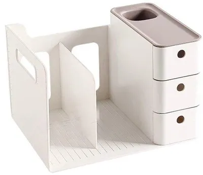 Image de Organiseur de bureau en plastique avec compartiments à documents, trois niveaux de rangement avec emplacements pour stylos à bille, fournitures de bureau et accessoires de bureau (blanc + gris)