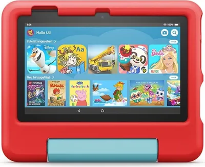 A red and blue Amazon Fire 7 Kids Edition tablet is displayed front-on, showing its screen with various app icons and a greeting message.