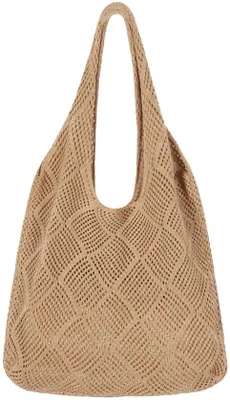 Image de Ibenzoa® : Sac de plage en crochet pour femmes – Spacieux, style vintage, polyester doux, 40 x 37 cm, couleur marron, pliable, avec des anses de 27 cm