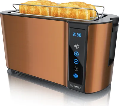 Produktbild von Arendo Toaster 4 Scheiben, Langschlitz, Edelstahl, 1500W, Touch-Bedienung, Display mit Restzeitanzeige, Brötchenaufsatz, Auftaufunktion, Wärmeisolierendes Gehäuse, kupfer
