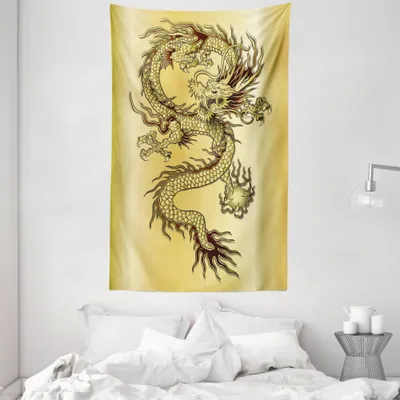 Produktbild von ABAKUHAUS Drachen Wandteppich und Tagesdecke, Ostchinesischen Myth aus Weiches Mikrofaser Stoff Waschbar ohne Verblassen Digitaldruck, 140 x 230 cm, Schwarz Senf