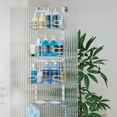 Zdjęcie produktu dla Wisząca półka pod prysznic, 4 półki, mydelniczka i haki, do łazienki