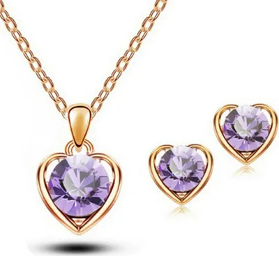 Produktbild von Damen Modeschmuck Herz Kristall Anhänger Halskette Ohrstecker Ohrringe Set-Gold + Lila