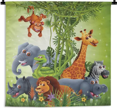 Produktbild von MuchoWow® Wandteppich Wandbehang Dschungeltiere - Pflanzen - Kinder - Elefant - Giraffe - Löwe 120x120 cm Tapisserie Dekoration Wandtuch - Modern - Baumwollgewebe