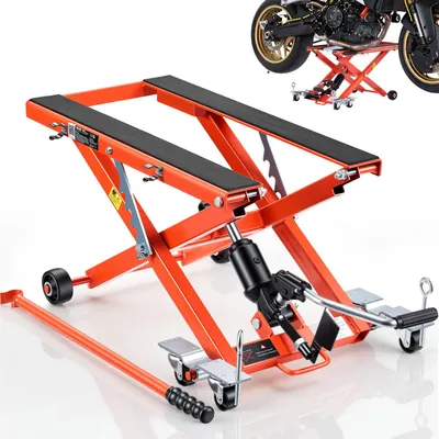 Image de VEVOR - Cric hydraulique pour moto, capacité de charge de 499 kg, pont élévateur à 6 roues, réglable en hauteur de 120 à 385 mm,au pied, support de montage pour motos tout-terrain, quads et cruisers, orange