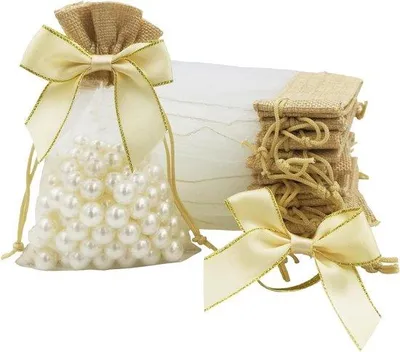 Productafbeelding van 30 organzaslingerzakjes met trekkoord, 10 cm x 15 cm, en 30 linten. Kleine jute cadeautasjes - zakjes voor sieraden - zakjes voor knutselprojecten - geschikt voor verjaardagsfeestjes en bruiloften