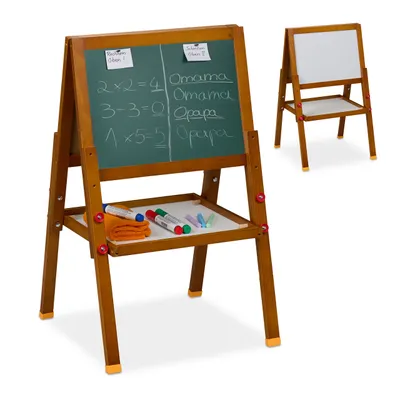 Obrázok produktu pre Relaxdays detská tabuľa, magnetická hracia tabuľa, s nastaviteľnou výškou, 65–77 × 39 × 44,5 cm, biela tabuľa a kriedová tabuľa, hnedá