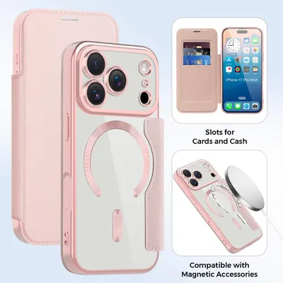 Collage of images showing a pink iPhone case with card slots and MagSafe compatibility.