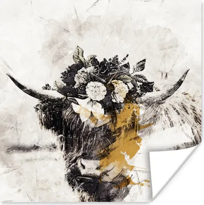 Produktbild von MuchoWow® Poster Schottisches Hochlandrind - Blumen 100x100 cm - Babyzimmer