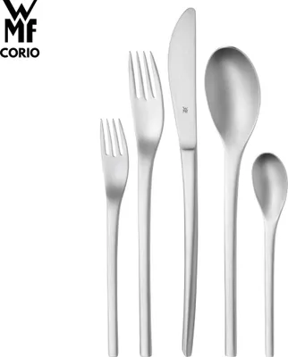 A set of stainless steel cutlery arranged on a white background, with the brand logo and product name in the upper left corner.