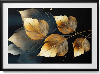 Produktbild von Goldene Glamour-Blätter– Wandbild mit Rahmen – Gerahmtes Bild  – Wanddekoration – 100x70 cm –  Schwarz Rahmen