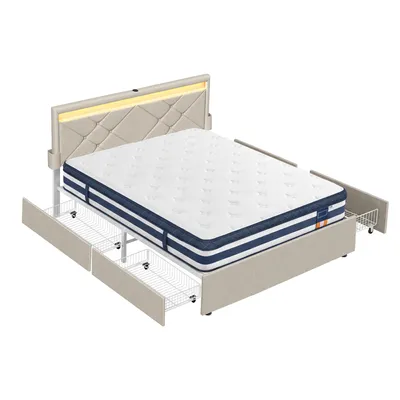Produktbild von VASAGLE Polsterbett und 7-Zonen Taschenfederkernmatratze Set, 160 x 200 cm, mit LED, USB, 4 Schubladen, Cappuccino-Beige, Blau
