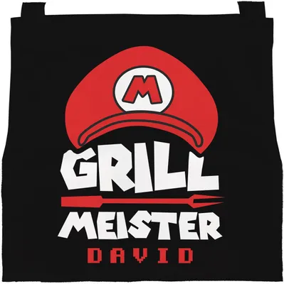 Produktbild von Kochschürze für Kinder mit Namen Super-Grillmeister Jungen und Mädchen personalisierte Kinderschürze Videospiel-Parodie MoonWorks® Super Rot schwarz 6-10 Jahre