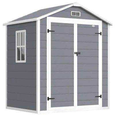 Image de Abri de jardin gris, 183x134x210 cm, avec porte double verrouillable, toit à deux pans, en plastique, avec fenêtre et cadre en aluminium. Armoire de jardin résistante aux intempéries