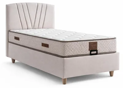 Image de Lit simple de style moderne, lit moelleux de couleur beige avec espace de rangement