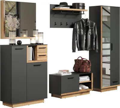 Produktbild von trendteam 5-teiliges Garderobenset Synnax Anthrazit Melamin/ Evoke Eiche Nachbildung B/H/T ca. 265/198/40 cm