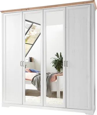 Produktbild von Kleiderschrank 4-türig 214 cm breit Pinie weiß mit Eiche JÜLICH-77