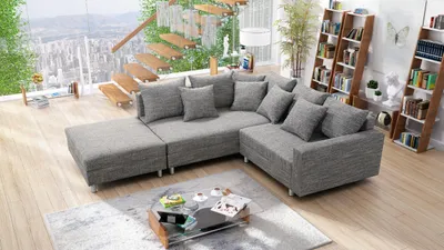 Produktbild von Wohnlandschaft Sofa Couch Ecksofa Eckcouch Gewebestoff hellgrau + Hocker Minsk L